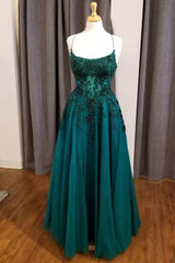 Hunter Green Floral Lace Scoop Neck A-Line Prom Dresses