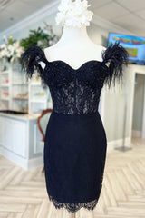 Black Lace Feather Sweetheart Short Party Dresses