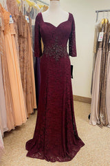 Burgundy Lace Beaded Half Sleeves Long Mother of Bride Dresses