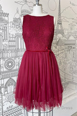 A-line Scoop Neck Tulle Lace Mini Bridesmaid Dress with Sash