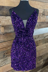 Purple Sequin Plunge V Lace-Up Short Party Dresses