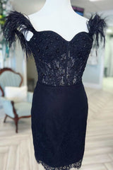 Black Lace Feather Sweetheart Short Party Dresses