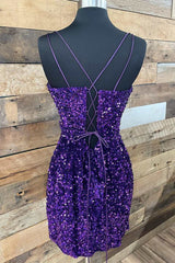 Purple Sequin Plunge V Lace-Up Short Party Dresses