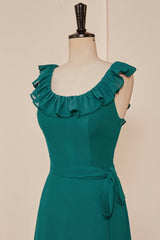 Teal Ruffled Neck A-line Long Bridesmaid Dresses with Sash