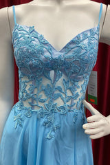 Sky Blue Chiffon Floral Keyhole A-line Long Prom Dresses