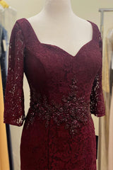 Burgundy Lace Beaded Half Sleeves Long Mother of Bride Dresses