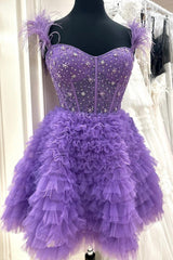 Purple Tulle Beaded Knee Length Prom Dresses, A-Line Party Dresses