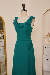 Teal Ruffled Neck A-line Long Bridesmaid Dresses with Sash