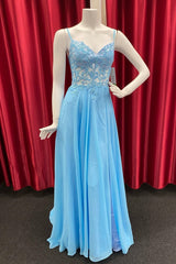 Sky Blue Chiffon Floral Keyhole A-line Long Prom Dresses