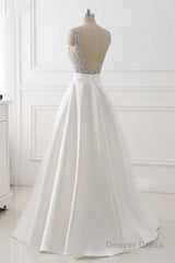 A Line Brush Train Deep V Neck Sleeveless Beading Prom Dresses