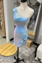 Light Blue Sequin One-Shoulder Flowers Short Party Dresses