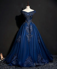 Blue Tulle Lace Off Shoulder Long Prom Dress, Blue Tulle Lace Evening Dress