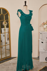 Teal Ruffled Neck A-line Long Bridesmaid Dresses with Sash