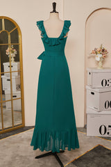 Teal Ruffled Neck A-line Long Bridesmaid Dresses with Sash