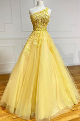 Yellow Lace One Shoulder Evening Dresses, A-Line Tulle Long Prom Dresses