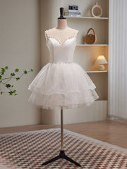 White Spaghetti Strap Tulle Short Prom Dresses, Cute A-Line Party Dresses