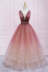 Cute Ombre Tulle V-Neck Long Party Dresses, A-line Prom Dresses