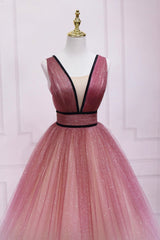 Cute Ombre Tulle V-Neck Long Party Dresses, A-line Prom Dresses