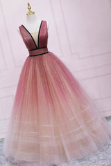 Cute Ombre Tulle V-Neck Long Party Dresses, A-line Prom Dresses