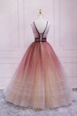 Cute Ombre Tulle V-Neck Long Party Dresses, A-line Prom Dresses