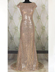 Floor-Length/Long Bateau Neck Column/Sheath Sequined Prom Dresses