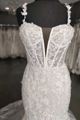 Mermaid White Floral Lace Sweetheart Long Wedding Dresses