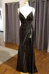 Black Floral Lace V-Neck Long Prom Dresses with Slit