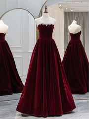 A-Line Long Sleeves Velvet Burgundy Long Prom Dresses, Burgundy Long Evening Dresses with Beads