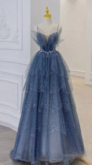 Shiny Tulle A-Line Spaghetti Straps Blue Prom Dresses Party Gowns Evening Dress