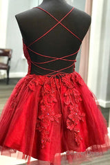 Strappy Lace Appliqued Red Short Homecoming Dress