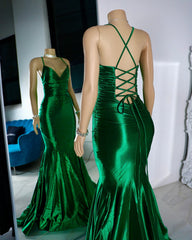 Satin Trumpet V-Neck Spaghetti Straps Prom Evening Dresses For Black Girls