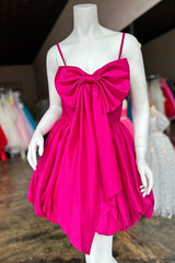 Fuchsia Straps Satin A-line Homecoming Dresses with Bow