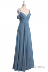 Dusty Blue Chiffon Cold Shoulder A-Line Long Bridesmaid Dress