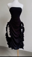 स्ट्रैपलेस मिडी लंबाई रफ़ल प्रोम ड्रेस सेक्सी शाम की पोशाक