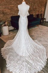 White Plunging Off-the-Shoulder Lace Mermaid Long Wedding Dresses