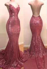 Pink Spaghetti Strap V Neck Sequins Mermaid Prom Dresses | Long Evening Dresses