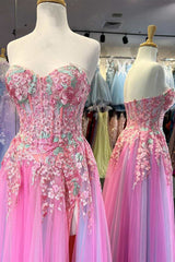 Pink Tulle Floral Appliques Sweetheart A-Line Prom Dresses