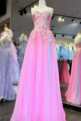 Pink Tulle Floral Appliques Sweetheart A-Line Prom Dresses