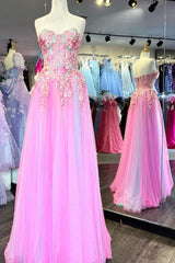 Pink Tulle Floral Appliques Sweetheart A-Line Prom Dresses