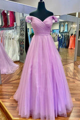 Lilac Off-the-Shoulder A-Line Long Prom Dresses