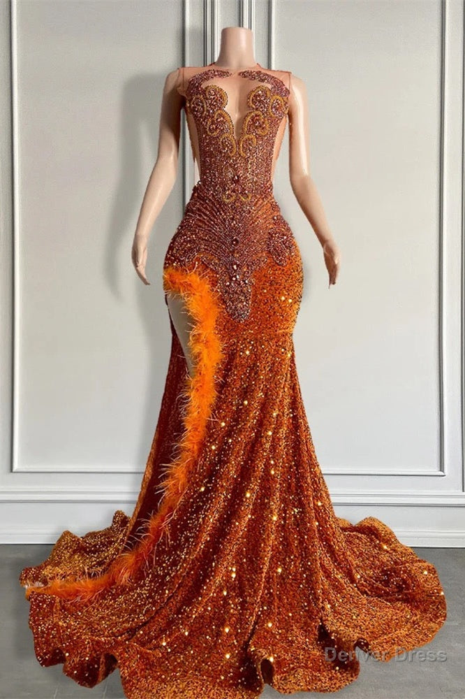 Mermaid Style Burnt Orange Sequins Prom Dress with Side Slit Long Length Beadings and Feathers