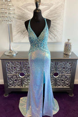 Blue Iridescent Sequin V-Neck Lace-Up Back Mermaid Long Prom Dresses