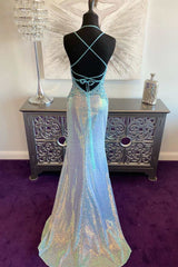 Blue Iridescent Sequin V-Neck Lace-Up Back Mermaid Long Prom Dresses