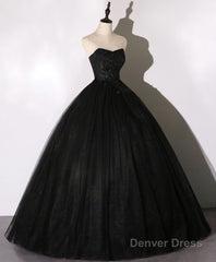 Black Sweetheart Neck Tulle Long Prom Dress, Black Evening Dress