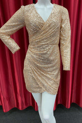 Champagne Sequin Long Sleeve Short Party Dresses