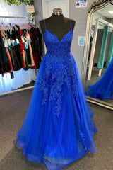 Royal Blue Appliques Deep V Neck Lace-Up A-line Tulle Long Prom Dresses