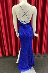 Royal Blue Lace-Up Sequins Mermaid Long Prom Dresses with Slit