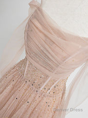 Champagne Pink Tulle Beads Long Prom Dress, Champagne Evening Dress