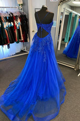 Royal Blue Appliques Deep V Neck Lace-Up A-line Tulle Long Prom Dresses