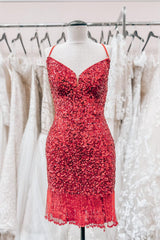 Red Lace-Up Sequins Sheath V Neck Homecoming Dresses with Tassels